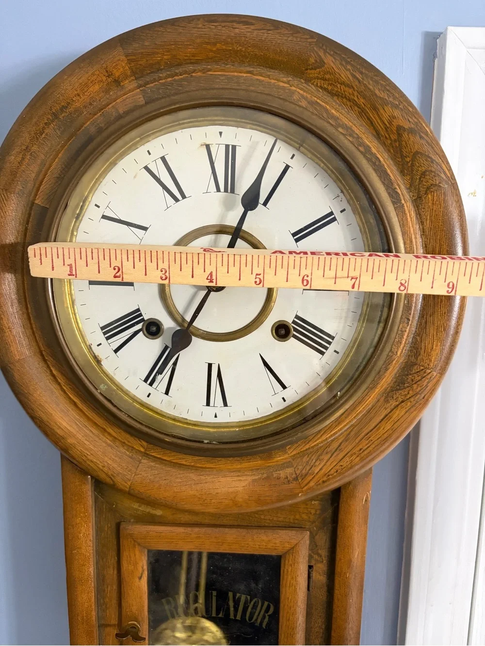 Antique Oak Regulator A Wall Clock – 8-Day Key Wind, Works Great!